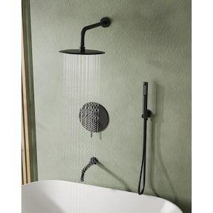 Single Handle 3-Spray Wall Mount Round Tub and Shower Faucet 2.5 GPM 10 in. Shower Head in Matte Black (Valve Included)