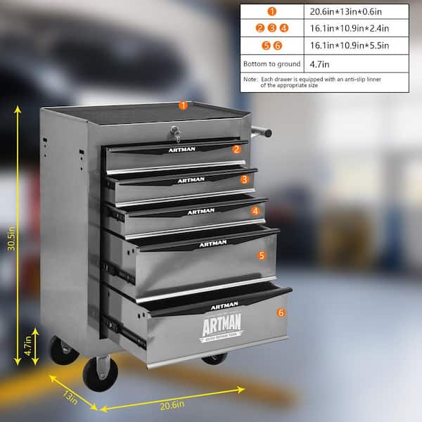 20 in. W x 13 in. D 5-Drawer Silver Steel Rolling Tool Cabinet