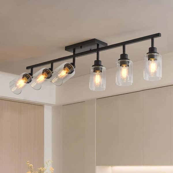 6-Light Track Lighting Kit, 4 ft. Black Cylinder Lights, Hard Wired Rotatable Spotlight with Clear Glass Shade