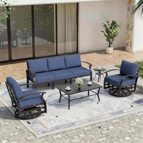 4-Piece Patio Aluminum Conversation Set with Swivel Rocking Chairs, Rectangular Coffee Table and Navy Cushions, Outdoor
