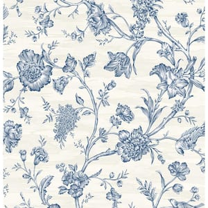 60.75 sq. ft. Yale Blue Stoney Brook Floral Paper Unpasted Wallpaper Roll