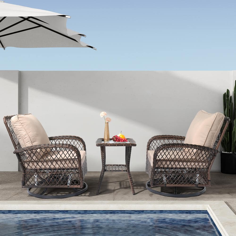 Brown Gradient Wicker Patio Bistro Set with Cushions and Glass Table
