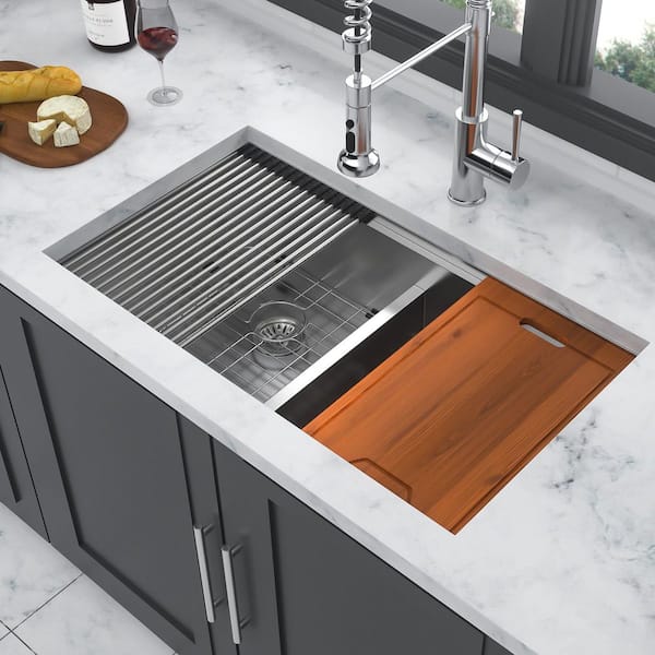 33 in. Undermount Double Bowl (50/50) 16 Gauge Brushed Nickel Stainless Steel Kitchen Sink with Workstation