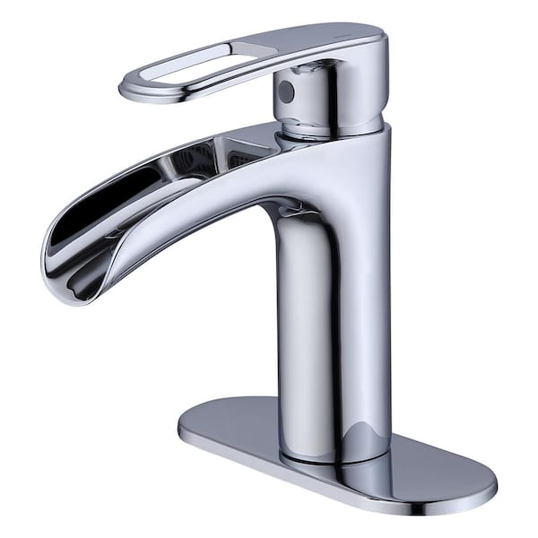 Mondawe Mondawell Open Waterfall Single Handle Single Hole Low Arc Bathroom Faucet with Deckplate in Chrome