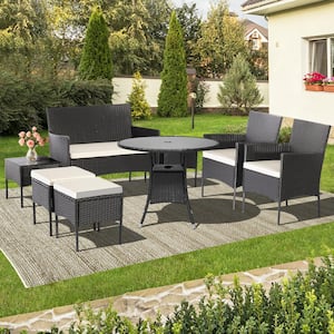 7-Piece Rustproof Wicker Patio Conversation Set with with Coffee Tables and Ottomans, Off White Cushions