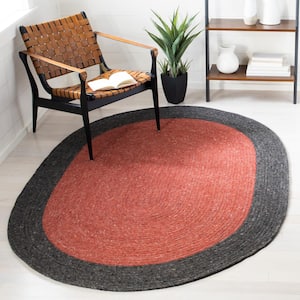 Braided Red Black 6 ft. x 9 ft. Abstract Border Oval Area Rug