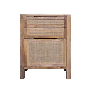 Ryan 31 in. Natural Brown Cottage Mango Wood Storage Cabinet Table with Cane Rattan Panels and 3-Drawers