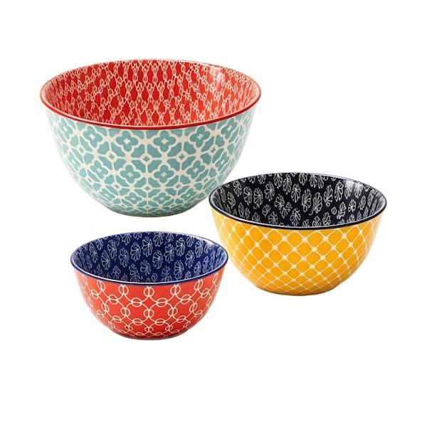 Art Decor 3-Piece Ceramic Multicolor Mixing Bowl Set with Stackable Design and Oven Microwave Safe for Cooking, Baking