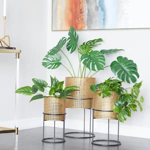 23 in., 19 in., and 16 in. Large Gold Metal Rattan Weave Inspired Planter with Removeable Ring Stands (3- Pack)