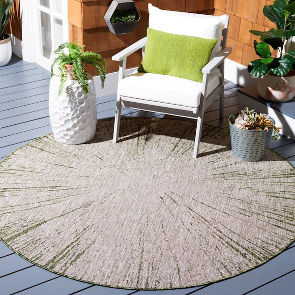 Courtyard Beige/Dark Green 7 ft. x 7 ft. Floral Abstract Indoor/Outdoor Round Area Rug