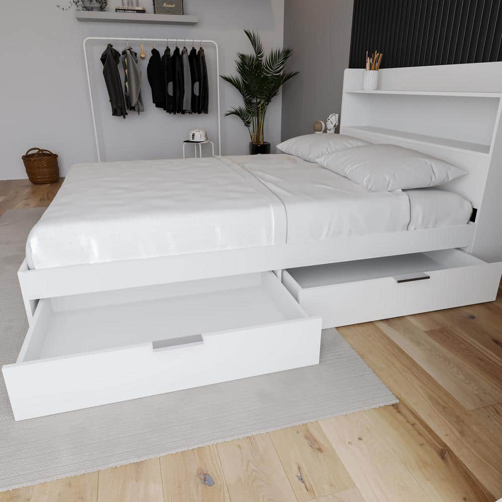 White Full Captain's Bed with Storage Drawers and Slats