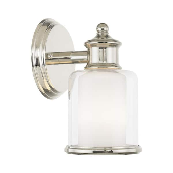 AVIANCE LIGHTING Bellington 5.5 in. 1-Light Polished Nickel Wall Sconce with Clear Outer Glass and Satin Opal Inner Glass