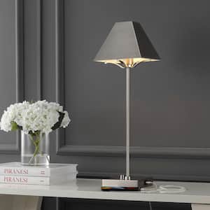Ruthen 25 in. Industrial Style Iron Pyramid Bedside LED Table Lamp with USB Charging Port, Nickel
