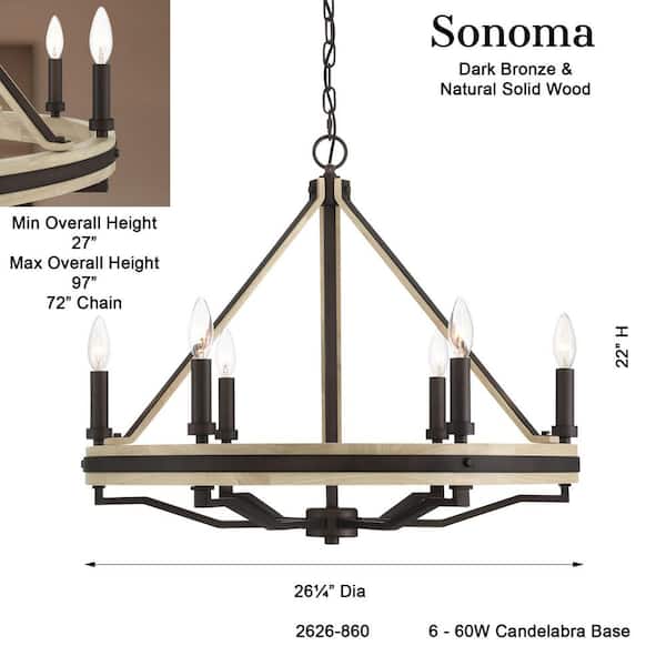 Minka Lavery - Sonoma 6-Light Dark Bronze with Natural Solid Oak Wood Wagon Wheel Chandelier for Dining Room, Kitchen No Bulbs Included