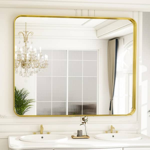 XRAMFY 29.5 in. W x 39.4 in. H Rectangular Modern Aluminum Deep Framed Rounded Gold Wall Mirror