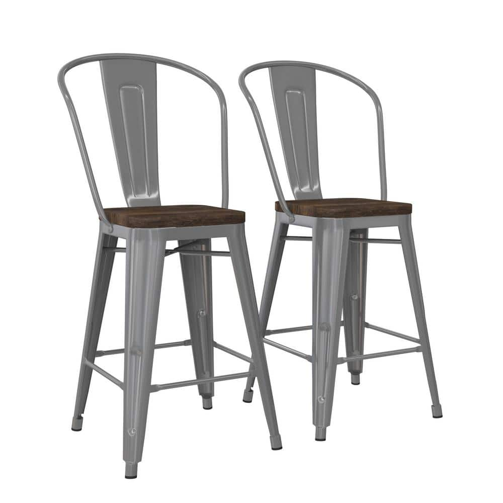 DHP Lena 24 in. Silver Metal Counter Stool with Wood Seat Set of