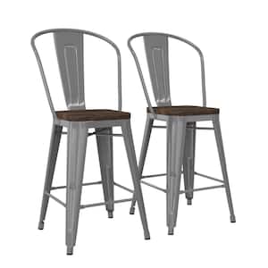Lena 24 in. Silver Metal Counter Stool with Wood Seat, Set of 2