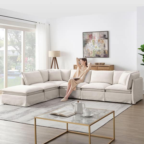 Luxury Collection 125.5 in. Flared Arm 6-piece L-Shaped Chenille Modular Sectional Sofa in. Beige with Ottoman