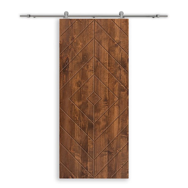 CALHOME Diamond 36 in. x 84 in. Fully Assembled Walnut Painted Wood Modern Sliding Barn Door with Hardware Kit