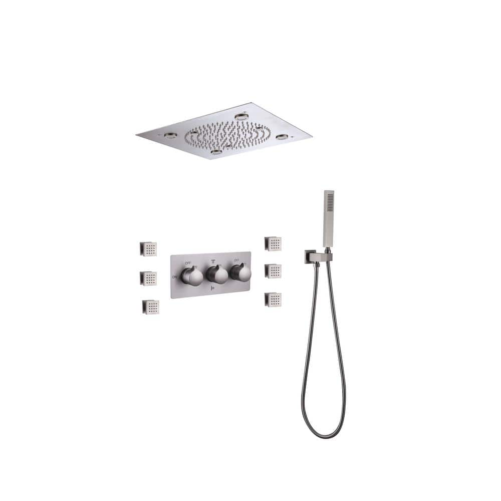 Boyel Living Thermostatic 12 in. 6 -Jet Ceiling Mount LED Rainfall Shower System Bathroom Shower Mixer Set in Brushed Nickel