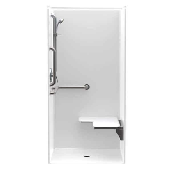 Aquatic Accessible AcrylX 36 in. x 36 in. x 75 in. 1-Piece Shower Stall w/ Right Seat and Grab Bars in White
