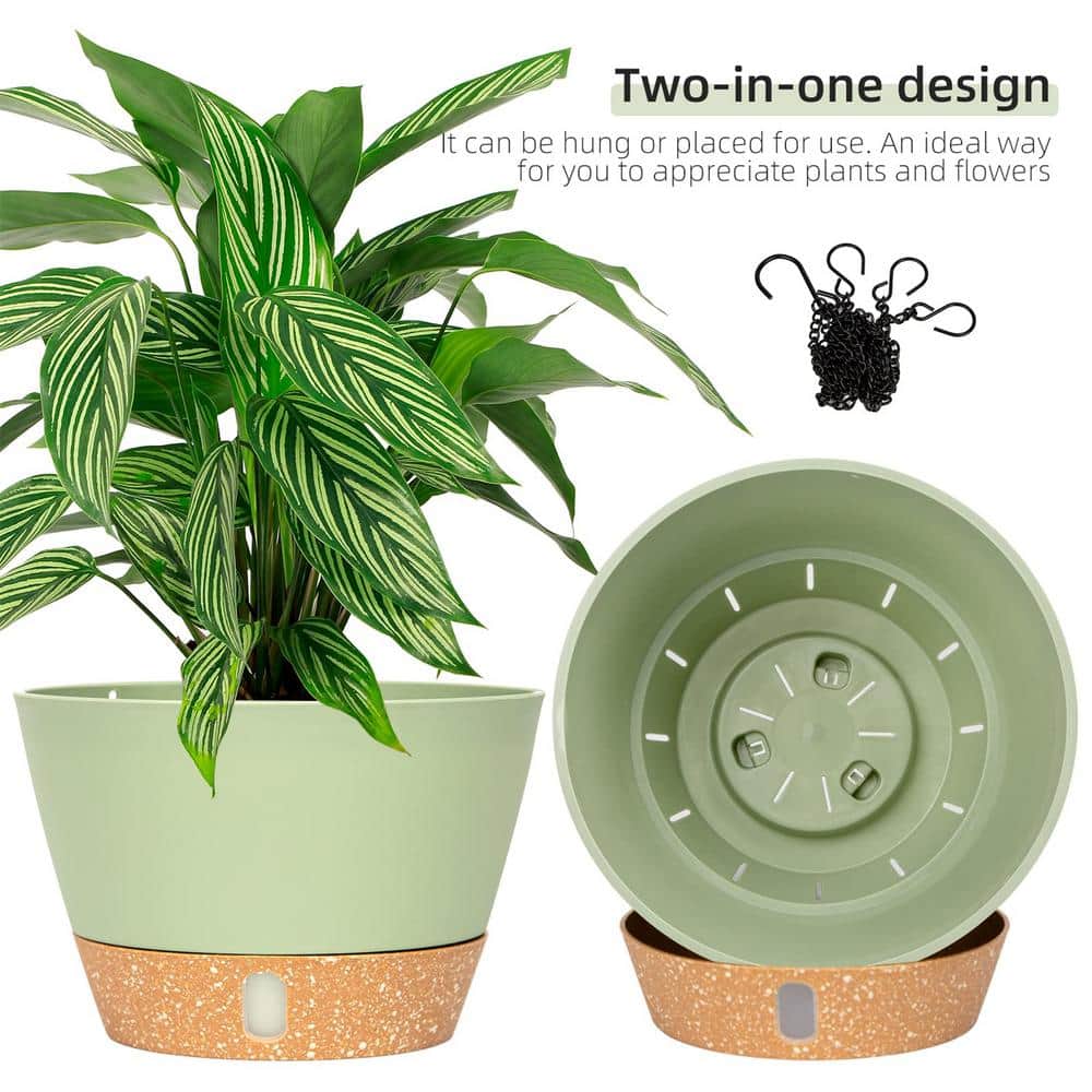 8-inch Green Plastic Hanging Planter with Self-Watering Reservoir, 2-Pack