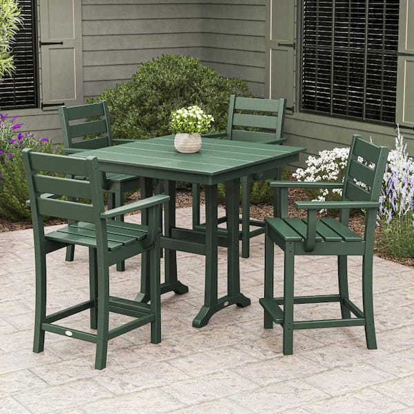 POLYWOOD Grant Park Green 5-Piece HDPE Plastic Arm Chair Farmhouse Trestle Counter Set