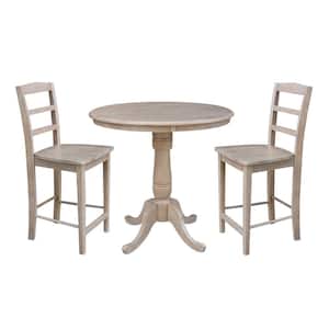 3-Piece Set Weathered Taupe/Gray Laurel Solid Wood 36 in Round Counter height Dining Table and 2 Madrid Armless Stools