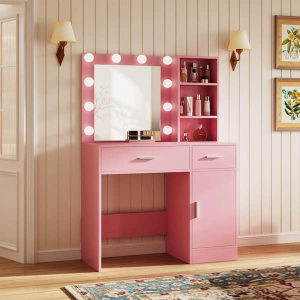 JEAREY Pink 35.43 in.W Makeup Vanity Desk Wood Dressing Table with Mirrors, Drawers, Cabinets, Shelves, 3-Color LED Lighted