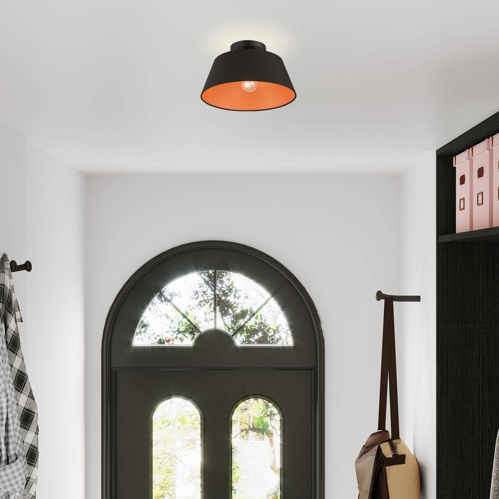 Palma Transitional Black Brass 1-Light Semi-Flush Drum Shade
