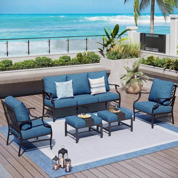 Black 5-Piece Metal Meshed 7-Seat Outdoor Patio Conversation Set with Peacock Blue Cushions and 2 Ottomans