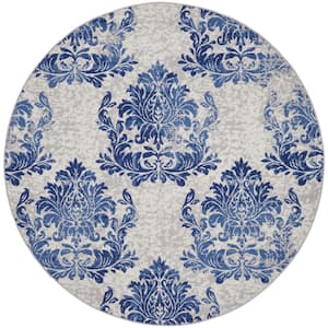Whimsicle Ivory Navy 8 ft. Floral Farmhouse Round Area Rug
