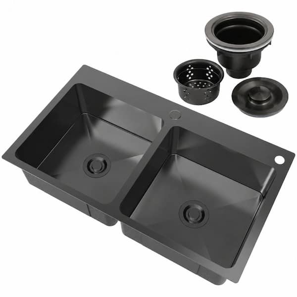 30 in. Drop-In Double Bowl Nano Handmade Black Stainless Steel Topmount Kitchen Sink Basket Strainer