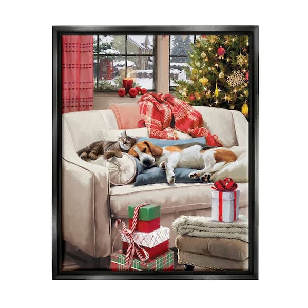 Stupell Industries Pets on Holiday Couch by Jason Kirk 1-Piece Floater Frame Graphic Print Animal Poster Art Print 31 in. x 25 in.