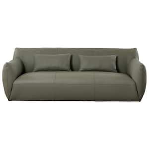 Huntley 87.8 in. Round Arm Genuine Leather Rectangle Mid Century Modern Sofa in Olive Green