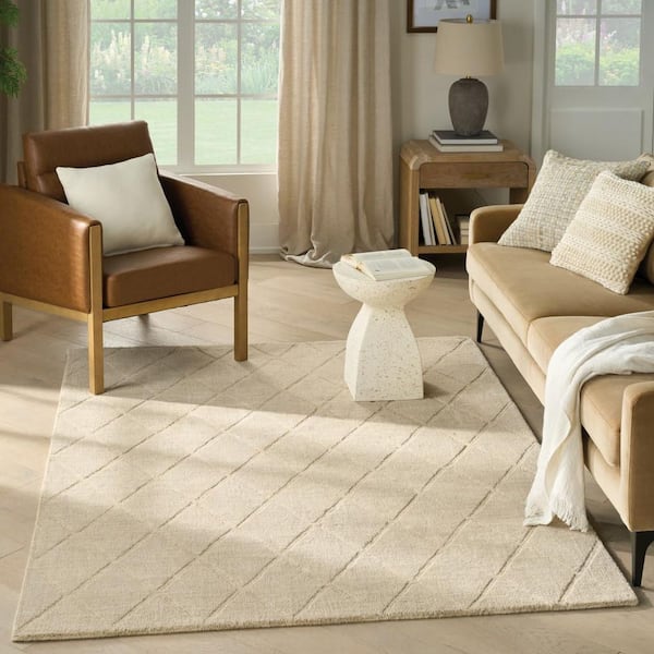 5 ft. x 7 ft. Beige Wool Geometric Area Rug