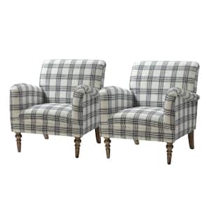Mandan Black Contemporary and Classic Upholstered Plaid Pattern Accent Armchair with Turned Solid Wood Legs Set of 2