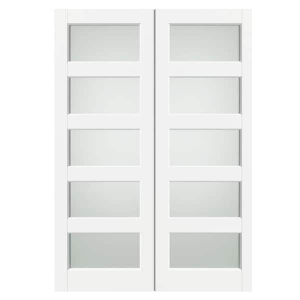 TENONER 56 in. x 80 in. 5 Lite, Composite MDF, White Primed, Frosted Glass, Pre-Assembled Panel Composite Interior Door Slab