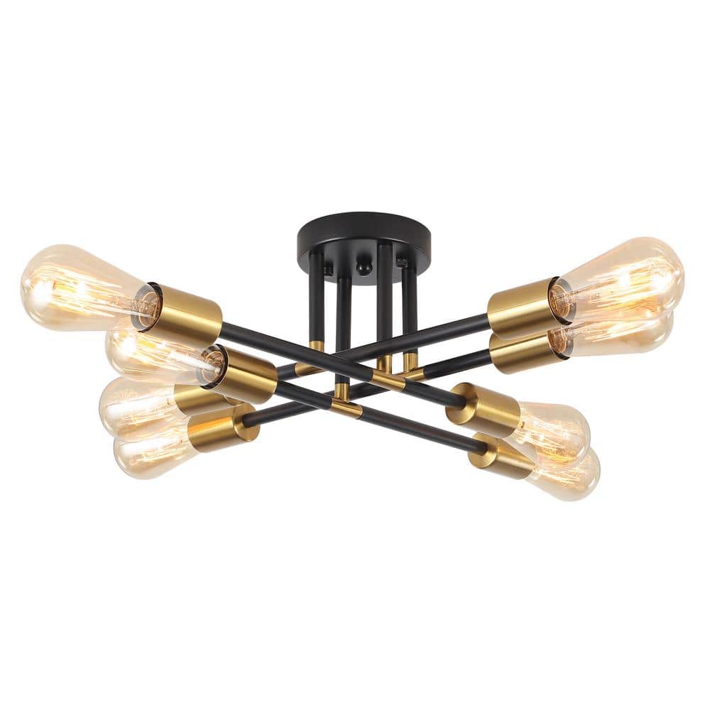 Modern 20.86 in. 8-Light Black and Gold Sputnik Linear Semi- Flush Mount Ce