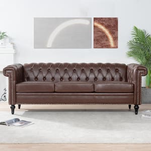 83.5 in. W Flared Arm Faux Leather Straight Sofa in Dark Brown With Nailhead