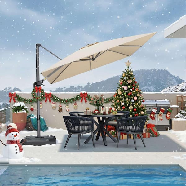 9 ft. Square Aluminum Outdoor Patio Cantilever Umbrella Offset 360° Rotation Umbrella with Base, Beige