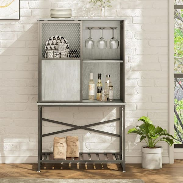 Bestier 30 in. Buffet Sideboard with Stoage Shelf, 6-Bottal Wine Cabinet with Sliding Door, Light Grey