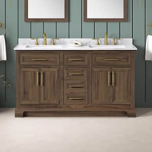 Doveton 60 in. Double Sink Freestanding Dark Walnut Bath Vanity with White Engineered Marble Top (Assembled)