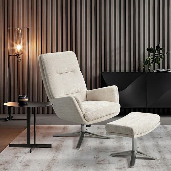 Glimmer Beige Chenille Fabric Upholstery Swivel Arm Chair with Ottoman