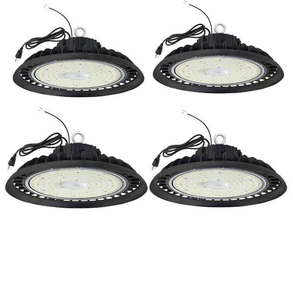 Honbei 4 Pack 10in.300-Watt Equivalent Integrated LED Dimmable Black UFO High Bay Light,5000K Commercial Lighting for Warehouse