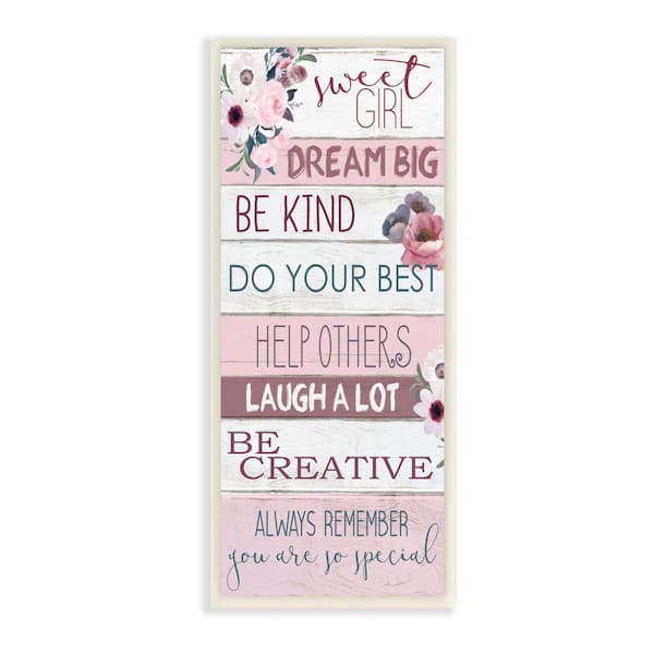 Stupell Industries "Sweet Girl Inspirational Phrases Soft Pink Florals" by Kim Allen Unframed Typography Wood Wall Art Print 7 in. x 17 in.
