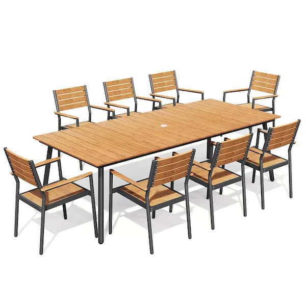 94.5 in. Aluminum Dining Table and Brown Stackable Aluminum Dining Chair (8-Pack)