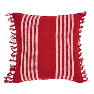 Arendal Red White 12 in. x 12 in. Stripe Fringed Throw Pillow