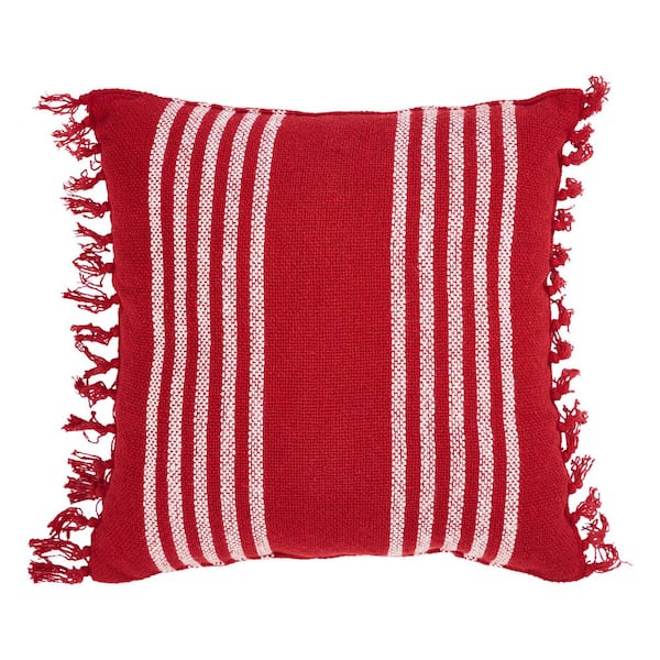 VHC BRANDS Arendal Red White 12 in. x 12 in. Stripe Fringed Throw Pillow