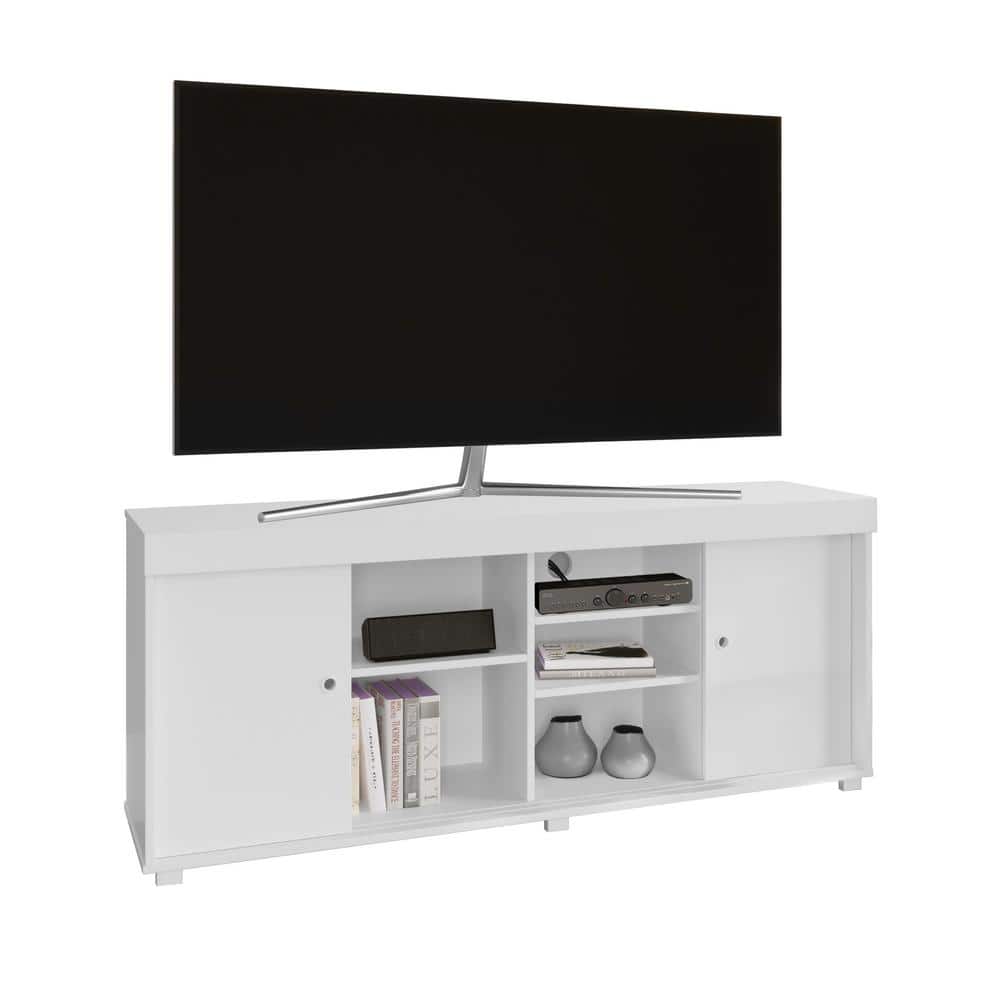 Modern White Particleboard TV Stand with Open Shelves and Cabinet